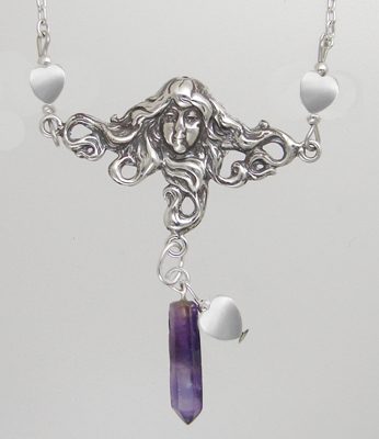 Sterling Silver Woman Maiden of the Gentle Heart Necklace With Amethyst And White MOP Heart